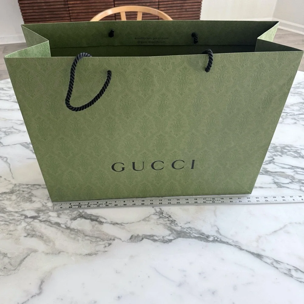 Gucci Large Green Embossed Damask Paper Shopping Bag Rope Handles 22
